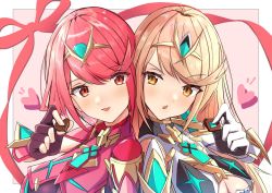 Rule 34 | 2girls, black gloves, blonde hair, bob cut, breasts, chest jewel, chocolate, cleavage, cleavage cutout, clothing cutout, dress, earrings, fingerless gloves, gloves, highres, jewelry, karuushi, large breasts, long hair, multiple girls, mythra (xenoblade), pyra (xenoblade), red eyes, red hair, short dress, short hair, swept bangs, tiara, very long hair, white dress, xenoblade chronicles (series), xenoblade chronicles 2, yellow eyes