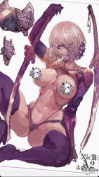 Rule 34 | 1girl, a2 (nier:automata), abs, bad id, bad twitter id, bare shoulders, breasts, censored, collarbone, cropped, elbow gloves, gloves, grey eyes, hair over one eye, highres, holding, holding sword, holding weapon, katana, knee up, large breasts, looking at viewer, mechanical arms, mole, mole on breast, mole under mouth, multiple moles, navel, nier:automata, nier (series), nude, parkjinsuky, purple thighhighs, short hair, single mechanical arm, sitting, solo, sword, thighhighs, toned, unfinished, weapon, white hair