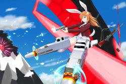 Rule 34 | 1girl, absurdres, animal ears, blue eyes, blue panties, blue sky, browning automatic rifle, charlotte e. yeager, clenched teeth, cloud, day, firing, flying, full body, gun, hair between eyes, handgun, highres, holding, holding gun, holding weapon, jacket, kukoroko, long hair, m1911, machine gun, military, military uniform, neuroi, open mouth, orange hair, outdoors, panties, propeller, rabbit ears, rabbit girl, rabbit tail, red jacket, shirt, sky, solo, strap, strike witches, striker unit, tail, teeth, underwear, uniform, weapon, white shirt, world witches series