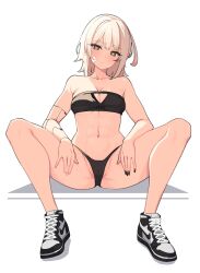 Rule 34 | 1girl, abs, bandaid, bandaid on cheek, bandaid on face, bare arms, bare shoulders, bikini, black bikini, black nails, blue eyes, breasts, closed mouth, commentary, cross-laced footwear, english commentary, eri (uragoner), expressionless, fingernails, high tops, highres, kuso otoko, light blush, light brown hair, long fingernails, looking at viewer, mechanical arms, medium breasts, medium hair, nail polish, navel, partially visible vulva, ringed eyes, shoes, simple background, single mechanical arm, sitting, sneakers, solo, spread legs, stomach, strapless, strapless bikini, string bikini, swimsuit, toned, uragoner, white background, yellow pupils