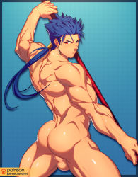 Rule 34 | 1boy, ass, back, bara, blue hair, completely nude, cropped legs, cu chulainn (fate), cu chulainn (fate/stay night), earrings, fate/grand order, fate/stay night, fate (series), fighting stance, from behind, gae bolg (fate), highres, holding, holding weapon, jewelry, long hair, lvlv, male focus, muscular, nude, paid reward available, patreon username, polearm, ponytail, red eyes, sideburns, solo, spear, testicles, thick thighs, thighs, weapon