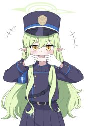 Rule 34 | +++, 1girl, absurdres, armband, belt, belt buckle, black belt, blue archive, blue armband, blue hat, blue jacket, blue skirt, blush, buckle, buttons, commentary request, double-breasted, earrings, gloves, green hair, hair between eyes, halo, hands up, hat, highres, hikari (blue archive), jacket, jewelry, koucha (sr4ez), long hair, long sleeves, looking at viewer, mouth pull, open mouth, peaked cap, pleated skirt, pointy ears, sidelocks, simple background, single earring, skirt, solo, uniform, v-shaped eyebrows, very long hair, wavy hair, white background, white gloves, yellow eyes