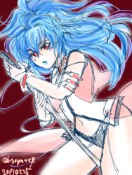Rule 34 | 1girl, alfimi, artist request, banpresto, bare legs, blue hair, breasts, curvy, female focus, long hair, looking at viewer, ponytail, red eyes, small breasts, solo, super robot wars, sword, thong, very long hair, weapon