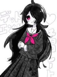 Rule 34 | 1girl, ahoge, bandaid, bandaid on hand, blush, dead end chocolate (vocaloid), feet out of frame, gauze on cheek, greyscale, hair over one eye, highres, inemuri (jdq5e), long hair, long sleeves, looking at viewer, monochrome, neckerchief, own hands together, pink eyes, pink neckerchief, pleated skirt, school uniform, serafuku, shirt, simple background, skirt, sleeve cuffs, smile, solo, song name, spot color, text background, yotsuya moe