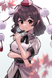 Rule 34 | 1girl, 5alive, arm under breasts, black hair, blurry, breasts, depth of field, hat, holding, holding pen, leaf, looking at viewer, maple leaf, medium breasts, medium hair, pen, pointy ears, pom pom (clothes), red eyes, shameimaru aya, simple background, smile, solo, tokin hat, touhou, white background