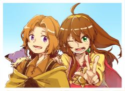 Rule 34 | 1boy, 1girl, ahoge, brown hair, creature, green eyes, hair ornament, hairband, lilka eleniak, long hair, looking at viewer, low-tied long hair, michibata 65, open mouth, poncho, simple background, smile, tim rhymeless, twintails, v, wild arms, wild arms 2, yellow hairband