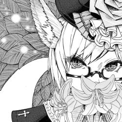 Rule 34 | 1girl, absurdres, animal ears, cluseller, covering own mouth, cross, female focus, final fantasy, final fantasy xiv, flower, glasses, greyscale, hat, highres, huge filesize, leaf, lily (flower), looking at viewer, miqo&#039;te, monochrome, portrait, semi-rimless eyewear, short hair, slit pupils, solo, straight-on, warrior of light (ff14)