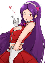 Rule 34 | 1girl, artist request, asamiya athena, blowing kiss, bow, breasts, cleavage cutout, clothing cutout, dress, gloves, hair bow, heart, highres, long hair, looking at viewer, medium breasts, midriff, navel, one eye closed, psycho soldier, purple hair, red eyes, snk, solo, the king of fighters, the king of fighters 2003, wink