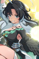 Rule 34 | 1girl, absurdres, ahoge, asymmetrical dress, black gloves, black hair, breasts, dress, dyed ahoge, earrings, gloves, highres, jewelry, jianxin (wuthering waves), long hair, looking at viewer, medium breasts, miconomicon, multicolored hair, open mouth, smile, solo, tacet mark (wuthering waves), two-tone hair, wuthering waves, yin yang, yin yang earrings