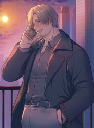 Rule 34 | 1boy, belt, black belt, black coat, black shirt, brown hair, cloud, coat, collared shirt, dbox 2525, facial hair, grey pants, highres, holding, holding phone, leon s. kennedy, long coat, male focus, open clothes, open coat, outdoors, pants, phone, resident evil, resident evil 4, resident evil 4 (remake), shirt, short hair, sky, solo, stubble, sunset, talking on phone