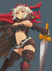 Rule 34 | arm behind head, black capelet, black footwear, black panties, black skirt, boots, breasts, capelet, cleavage, colored skin, cowboy shot, dragon: marked for death, empress (dmfd), eushima (sgr), fingerless gloves, gloves, grey background, highres, holding, holding sword, holding weapon, medium breasts, miniskirt, multicolored skin, multiple heads, navel, panties, red eyes, red skin, revealing clothes, scar, scar on face, short hair, simple background, skirt, solo, standing, strapless, sword, thigh boots, tube top, two-tone skin, underwear, weapon, white hair