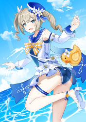 Rule 34 | 1girl, ass, bag, barbara (genshin impact), barbara (summertime sparkle) (genshin impact), bare shoulders, bird, blonde hair, blue eyes, blue sky, bow, duck, flower, genshin impact, hat, high heels, highres, long sleeves, looking at viewer, official alternate costume, one-piece swimsuit, open mouth, sailor hat, sky, smile, swimsuit, water, yuzu kiro