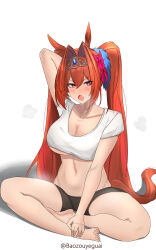 Rule 34 | 1girl, absurdres, alternate costume, animal ears, antenna hair, arm up, baozouyeguai, barefoot, black shorts, blush, bow, breasts, cleavage, commentary request, cropped shirt, daiwa scarlet (umamusume), fang, hair bow, hair intakes, hair ornament, highres, horse ears, horse girl, horse tail, indian style, large breasts, long hair, looking at viewer, midriff, navel, on ground, open mouth, pink bow, red eyes, red hair, shirt, short sleeves, shorts, simple background, sitting, skin fang, solo, tail, twintails, umamusume, underboob, very long hair, white background, white shirt