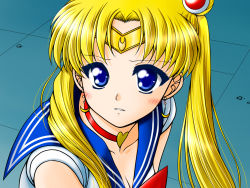 Rule 34 | akanako, bishoujo senshi sailor moon, blonde hair, blue eyes, blue sailor collar, bow, breasts, choker, cleavage, collarbone, commentary request, crescent, crescent earrings, derivative work, earrings, heart, heart choker, highres, jewelry, long hair, meme, parted bangs, parted lips, red bow, red choker, sailor collar, sailor moon, sailor moon redraw challenge (meme), sailor senshi uniform, screenshot redraw, shirt, sleeveless, sleeveless shirt, small breasts, tsukino usagi, twintails, upper body, white shirt