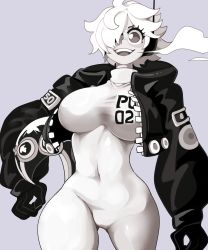 Rule 34 | 1girl, absurdres, adjusting clothes, artist request, black gloves, black jacket, bodysuit, breasts, covered navel, eyelashes, gloves, hair over one eye, unworn headwear, helmet, unworn helmet, highres, holding, holding helmet, jacket, large breasts, legs, looking at viewer, navel, one piece, open clothes, open jacket, open mouth, shiny clothes, short hair, simple background, smile, solo, thick thighs, thighs, vegapunk lilith, wide hips