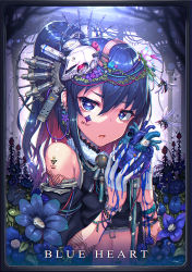 Rule 34 | 1girl, barcode, barcode tattoo, bare shoulders, blood, blue blood, blue eyes, blue hair, bracelet, bug, colored blood, commentary request, detached sleeves, earrings, english text, facial mark, flower, fur collar, gia, gloves, hair between eyes, hair flower, hair ornament, half gloves, heart (organ), highres, jewelry, looking at viewer, midriff, mixed-language commentary, original, parted lips, ponytail, skull hair ornament, tattoo, white gloves
