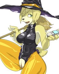 Rule 34 | 1girl, artist request, blonde hair, breasts, dog, furry, green eyes, halloween, large breasts, one eye closed, ponytail, pussy, uncensored, witch hat