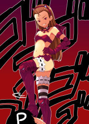 Rule 34 | 1boy, 1girl, bad id, bad pixiv id, bat wings, boots, brown hair, demon ears, demon girl, elbow gloves, femdom, gloves, grin, hairband, hand on own hip, heart, high heels, hip focus, idolmaster, idolmaster (classic), long hair, looking down, minase iori, navel, nightmare blood, onion (lemlaml), producer (idolmaster), red eyes, smile, striped clothes, striped thighhighs, thigh boots, thighhighs, wings