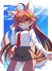 Rule 34 | 1girl, :q, ahoge, animal ears, blue sky, blush, body fur, breasts, brown fur, brown hair, cloud, commentary request, day, furry, furry female, grey skirt, hair ornament, highres, long hair, long sleeves, looking at viewer, medium breasts, necktie, orange eyes, original, pleated skirt, red necktie, school uniform, shirt, skirt, sky, solo, sunlight, tail, tongue, tongue out, tsuji, two-tone fur, white fur, white shirt, wolf ears, wolf girl, wolf tail