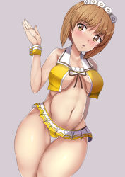 Rule 34 | 10s, 1girl, bad id, bad pixiv id, blush, breasts, breasts apart, brown eyes, brown hair, coco&#039;s, curvy, girls und panzer, grey background, groin, hat, highres, large breasts, looking at viewer, midriff, navel, nishizumi miho, short hair, sikijou77o, simple background, skirt, solo, thigh gap, underboob, wide hips