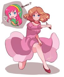 Rule 34 | !, 2girls, artist name, back, blue eyes, dress, english text, green tunic, hat, heart, heart-shaped pupils, high heels, highres, holding, holding knife, holding weapon, knife, legs, link, link (shounen captain), long hair, long sleeves, looking to the side, multiple girls, nintendo, nonoworks, pink dress, pink hair, pointy ears, princess zelda, short hair, symbol-shaped pupils, the legend of zelda, the legend of zelda (nes), weapon
