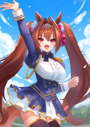 Rule 34 | 1girl, :d, animal ears, arm up, black bow, black thighhighs, blue jacket, blue skirt, blue sky, blush, bow, breasts, brown hair, center frills, cloud, commentary request, cropped jacket, daiwa scarlet (umamusume), day, epaulettes, eyebrows hidden by hair, frills, garter straps, hair between eyes, hair intakes, highres, horse ears, horse girl, horse tail, jacket, juliet sleeves, large breasts, long hair, long sleeves, looking at viewer, nima (niru54), open clothes, open jacket, open mouth, outdoors, pleated skirt, puffy sleeves, red eyes, shirt, skirt, sky, smile, solo, tail, thighhighs, tiara, twintails, umamusume, v-shaped eyebrows, very long hair, white shirt