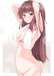 Rule 34 | 1girl, absurdres, blue eyes, blush, breasts, brown hair, highres, large breasts, long hair, mole, naked towel, navel, new game!, sideboob, simple background, solo, steam, takimoto hifumi, thighs, towel, towel around neck, wet, yyamashii