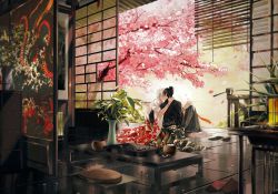 Rule 34 | 2boys, anthonykaen, architecture, bamboo screen, black hair, black kimono, blurry, board game, book, bowl, bracelet, cabinet, cherry blossoms, cushion, day, depth of field, east asian architecture, flip-flops, floral print, folding screen, getou suguru, go (board game), gojou satoru, hair bun, hand on another&#039;s shoulder, hand up, highres, holding, holding smoking pipe, japanese clothes, jewelry, jujutsu kaisen, kimono, knee up, lantern, male focus, messy room, motion blur, multiple boys, no shoes, on floor, open book, outstretched arm, petals, porch, railing, sandals, shoes, unworn shoes, short hair, single hair bun, sliding doors, smoking pipe, tabi, table, tile floor, tiles, tree, updo, vase, veranda, wave print, white hair, white kimono, wind, wooden table, yaoi, zabuton