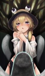 Rule 34 | 1girl, absurdres, bare shoulders, blonde hair, blush, bright pupils, brown headwear, commentary request, highres, looking at viewer, mishaguji, moriya suwako, neritch, open mouth, own hands together, purple eyes, ringed eyes, sidelocks, skirt, solo, touhou, white pupils