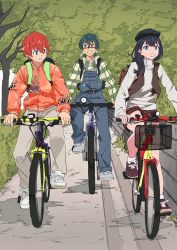 Rule 34 | 10s, 2boys, arai hiroki, bicycle, black hair, black hat, blue eyes, blue overalls, breasts, brown footwear, brown vest, commentary, day, glasses, green hair, grey shirt, gridman universe, hat, hibiki yuuta, highres, hood, hoodie, jacket, long hair, long sleeves, looking at another, male focus, medium breasts, multiple boys, open clothes, open vest, orange jacket, outdoors, overalls, plaid, plaid shorts, red hair, riding, shirt, shoes, shorts, sitting, sneakers, socks, ssss.gridman, sweater, thighs, tree, utsumi shou, vest, white footwear, white legwear, white sweater
