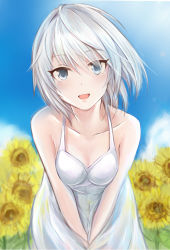 Rule 34 | 10s, 1girl, :d, anastasia (idolmaster), blue eyes, blush, breasts, cleavage, day, dress, flower, idolmaster, idolmaster cinderella girls, leaning forward, looking at viewer, md5 mismatch, medium breasts, nannacy7, open mouth, short hair, silver hair, smile, solo, sundress, sunflower, white dress