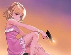 Rule 34 | 1girl, backlighting, blonde hair, bracelet, brown eyes, closed mouth, commentary request, dress, feet out of frame, frilled dress, frills, gokusai kaibi, gradient background, gun, hand on own knee, handgun, highres, holding, holding gun, holding weapon, jewelry, looking at viewer, medium hair, orange background, pink dress, ponytail, purple background, sitting, sleeveless, sleeveless dress, smile, solo, thighs, toajoa, toaru majutsu no index, toaru majutsu no index: imaginary fest, trigger discipline, two-tone background, wavy hair, weapon