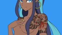 Rule 34 | 1girl, arm tattoo, blue background, blue eyes, blue hair, breasts, closed mouth, commentary, creatures (company), dark-skinned female, dark skin, earrings, game freak, gen 1 pokemon, goldeen, hair over breasts, hand on own chest, hoop earrings, irezumi, jewelry, light blue hair, long hair, looking at viewer, medium breasts, multicolored hair, nail polish, nessa (pokemon), nintendo, panasonynet, pokemon, pokemon (creature), pokemon swsh, shoulder tattoo, sidelocks, simple background, smile, solo, tattoo, two-tone hair, upper body, yellow nails