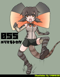 Rule 34 | 10s, 1girl, artist name, bad id, bad pixiv id, bare shoulders, boots, bow, bowtie, brown hair, frilled lizard (kemono friends), gloves, green background, kemono friends, kurosawa (kurosawakyo), lizard tail, long hair, low twintails, open mouth, orange eyes, solo, tail, teeth, thighhighs, twintails