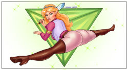 Rule 34 | 1girl, ass, blonde hair, blue eyes, boots, breasts, cameltoe, earrings, elf, from behind, jewelry, lipstick, long hair, looking at viewer, looking back, makeup, nintendo, pointy ears, princess zelda, shorts, solo, split, spread legs, sword, the legend of zelda, the legend of zelda (cartoon), thighs, triforce, weapon