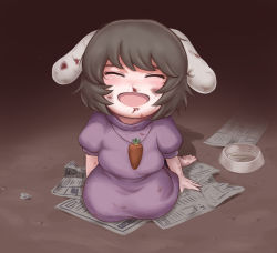 Rule 34 | 1girl, animal ears, barefoot, blood, blood on clothes, blood on face, blush, bob cut, bowl, brown hair, carrot, carrot necklace, commentary request, dress, closed eyes, facing viewer, inaba tewi, necklace, newspaper, nose blush, nosebleed, open mouth, pet bowl, pink dress, puffy short sleeves, puffy sleeves, rabbit ears, short hair, short sleeves, smile, solo, touhou, yonoisan