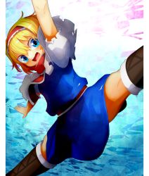 Rule 34 | 1girl, alice margatroid, arm up, bad id, bad twitter id, blonde hair, blue dress, blue eyes, boots, brown footwear, capelet, commentary request, cookie (touhou), dress, feet out of frame, hair between eyes, hairband, highres, ichigo (cookie), looking at viewer, miyako (naotsugu), neckerchief, open mouth, puffy short sleeves, puffy sleeves, red hairband, red neckerchief, red sash, sash, shirt, short hair, short sleeves, solo, split, touhou, white capelet, white shirt