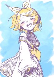 Rule 34 | 1girl, ^ ^, bare shoulders, blonde hair, blue background, bow, closed eyes, dress, eob, hair bow, hair ornament, hairclip, happy, highres, kagamine rin, limited palette, open mouth, outstretched arm, outstretched hand, reaching, reaching towards viewer, sailor collar, sailor dress, sketch, smile, solo, treble clef, vocaloid, white bow