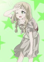 Rule 34 | 1girl, arm on knee, arm on own head, arm up, backpack, bag, blonde hair, blush, collarbone, dot nose, dress, female focus, green background, green eyes, highres, inose mai, koisuru asteroid, one eye closed, open mouth, qb (qb46311027), short sleeves, simple background, solo, standing, star (symbol), star background, sweatdrop