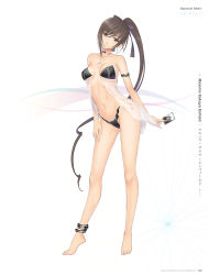 Rule 34 | 1girl, anklet, armlet, bare shoulders, barefoot, bikini, black bikini, breasts, brown eyes, brown hair, card, character name, choker, contrapposto, earrings, full body, hair ribbon, hand on own thigh, hand on thigh, high ponytail, highres, holding, jewelry, long hair, maxima sakuya enfield, medium breasts, navel, necklace, parted lips, pasties, ribbon, shining (series), shining blade, simple background, solo, standing, swimsuit, third-party edit, tony taka, very long hair