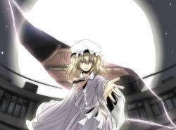 Rule 34 | 1girl, architecture, bad id, bad pixiv id, blonde hair, dress, east asian architecture, female focus, full moon, gap (touhou), ghostly field club, hat, maribel hearn, mob cap, moon, outdoors, sky, solo, touhou, urin
