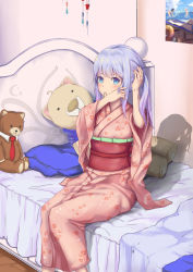 Rule 34 | 1girl, absurdres, alternate hairstyle, barefoot, beach chair, bed, bed sheet, bedroom, blue eyes, blush, closed mouth, commentary request, eromanga sensei, floral print, hair tie, hand in own hair, highres, indoors, innertube, izumi sagiri, j.xh, kimomo, light purple hair, long hair, mouth hold, necktie, on bed, outdoors, poster (medium), poster (object), red necktie, silhouette, sitting, solo, splashing, stuffed animal, stuffed toy, swim ring, takasago tomoe, teddy bear, twintails, water, wooden floor, yamada elf