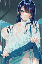 Rule 34 | 1girl, :o, bekotarou, black hair, blue skirt, blush, bow, bow panties, breasts, bus stop, bus stop sign, clothes lift, collared shirt, dutch angle, green eyes, green panties, hair between eyes, hair ornament, hairclip, highres, large breasts, lifting own clothes, long hair, long sleeves, looking at viewer, nail polish, no bra, panties, parted bangs, parted lips, pink nails, pleated skirt, rain, school uniform, see-through, shirt, side-tie panties, skirt, skirt lift, solo, standing, striped clothes, striped panties, underwear, water drop, wet, wet clothes, wet hair, white shirt