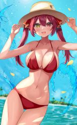 Rule 34 | 1girl, bikini, blue sky, breasts, cleavage, cloud, cowboy shot, dasman21272223, day, hat, heterochromia, highres, hololive, houshou marine, island, large breasts, long hair, looking at viewer, ocean, outdoors, red bikini, red eyes, red hair, sky, solo, sun hat, swimsuit, twintails, virtual youtuber, water, yellow eyes