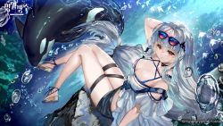 Rule 34 | 1girl, absurdres, ahoge, animal, arknights, black gloves, blue background, breasts, bubble, cleavage, commentary request, copyright name, eyewear on head, fish, gloves, grey hair, hair between eyes, hand on own head, highres, huge filesize, korean commentary, korean text, large breasts, long hair, looking at viewer, low-tied long hair, official alternate costume, official art, official wallpaper, orca, parted lips, ran&#039;ou (tamago no kimi), red eyes, rock, shirt, sitting, skadi (arknights), skadi (waverider) (arknights), smile, solo, sunglasses, swimsuit, thigh strap, thighs, underwater, very long hair, watermark, white shirt