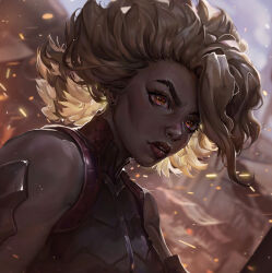 Rule 34 | 1girl, absurdres, blonde hair, blurry, blurry background, brown hair, cheekbones, commentary, dark-skinned female, dark skin, day, english commentary, funna, highres, league of legends, looking at viewer, medium hair, multicolored hair, outdoors, red eyes, red lips, rell (league of legends), solo, two-tone hair, upper body