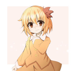 Rule 34 | 1girl, aki shizuha, blonde hair, clenched hand, cowboy shot, hair ornament, hand on own chest, highres, leaf hair ornament, long sleeves, looking at viewer, orange eyes, pink background, short hair, simple background, skirt, skirt set, smile, solo, touhou, yuki nana