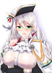 Rule 34 | 1girl, aquila (azur lane), ascot, azur lane, badge, black gloves, blush, breasts, coat, coat on shoulders, commentary request, covered erect nipples, crossed arms, detached sleeves, eyes visible through hair, gloves, green eyes, hair between eyes, hat, large breasts, long hair, looking at viewer, open mouth, partial commentary, see-through, see-through shirt, sideboob, sidelocks, simple background, solo, tetsuhige, wet, wet clothes, white background, white hair