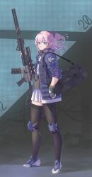 Rule 34 | 1girl, absurdres, ar-15, bag, blue eyes, closed mouth, commentary request, dress, expressionless, fingerless gloves, full body, girls&#039; frontline, gloves, gun, hair ornament, highres, holding, holding weapon, jacket, knee pads, long hair, looking at viewer, looking to the side, one side up, pink hair, rifle, shu70077, sidelocks, single thighhigh, solo, st ar-15 (girls&#039; frontline), standing, thighhighs, weapon