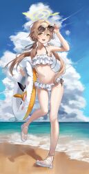 Rule 34 | 1girl, absurdres, anklet, beach, bikini, blue archive, blush, breasts, cloud, commentary, eyewear on head, feet, frilled bikini, frills, full body, halo, hare (hare 1730), hifumi (blue archive), hifumi (swimsuit) (blue archive), highres, holding, holding swim ring, innertube, jewelry, legs, light brown hair, long hair, looking at viewer, low twintails, navel, open mouth, outdoors, sandals, side-tie bikini bottom, sky, small breasts, smile, solo, sunglasses, swim ring, swimsuit, toes, twintails, white bikini, white footwear, yellow eyes